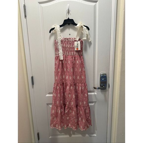 JACQUIE THE LABEL Red Isabella Gingham Embroidered Tiered Midi Dress Size S NWT - Picture 5 of 8
